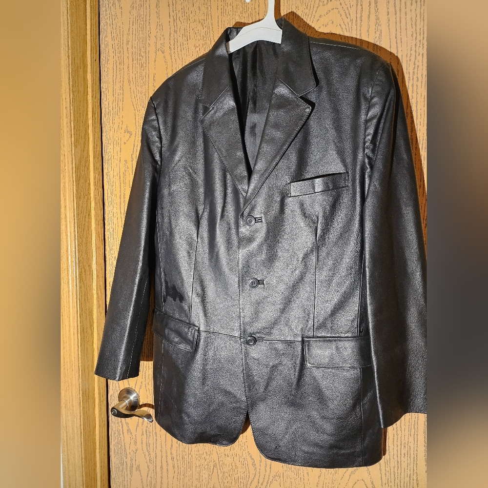 J. FERRAR BLACK LEATHER SUIT BLAZER SINGLE BREAST DESIGNER JACKET MEDIUM